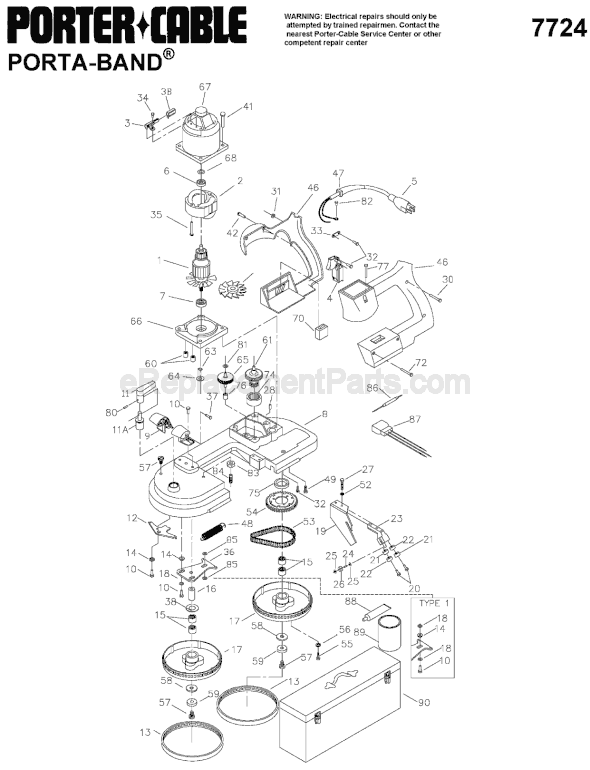 Page A Diagram and Parts List for 7724 Type 3 Porter Cable Band Saw